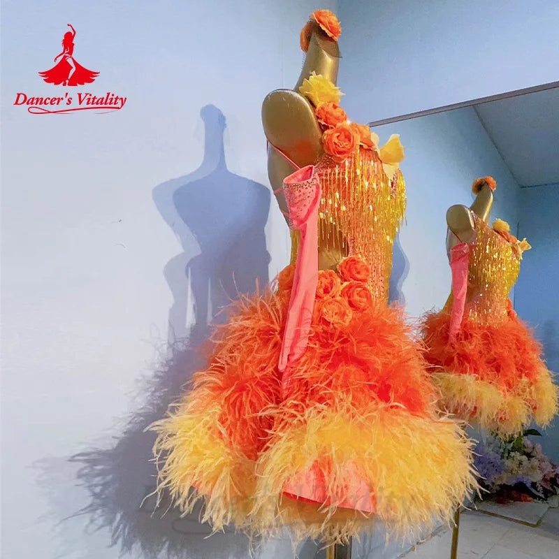 Latin Dance Costumes Senior AB Stones Feather Tassel Dress Women's Customization Chacha Tango Professional Performance Costume