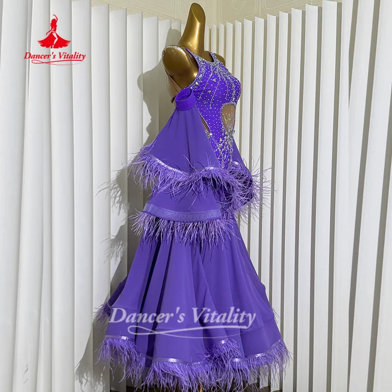 Social Dance Costume Women Customized High End Luxury AB Stones Feather Waltz Foxtrot Performance Clothing Dancer's Vitality