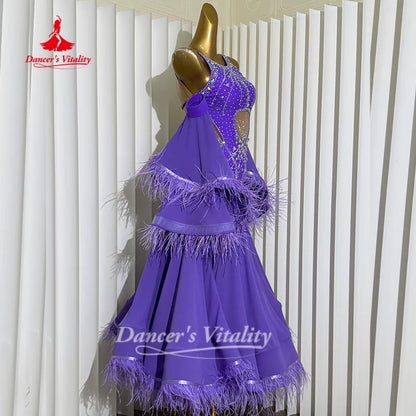 Social Dance Costume Women Customized High End Luxury AB Stones Feather Waltz Foxtrot Performance Clothing Dancer's Vitality
