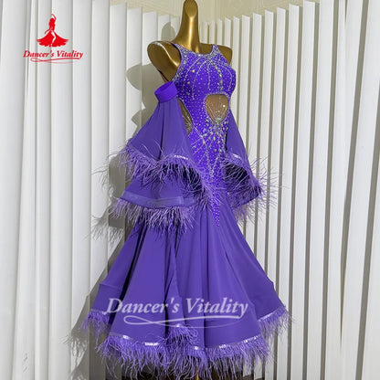 Social Dance Costume Women Customized High End Luxury AB Stones Feather Waltz Foxtrot Performance Clothing Dancer's Vitality