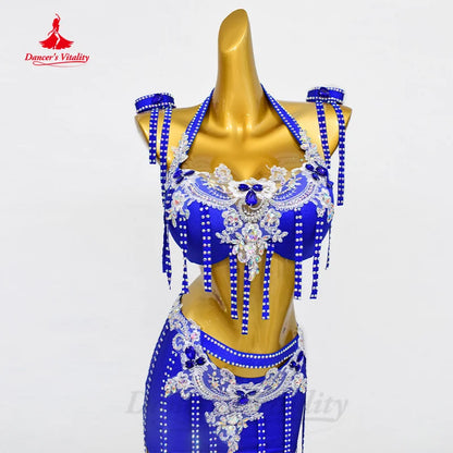 BellyDance Clothing Suit Customized Senior AB Stones Bra+Luxury Rhinestone Tassel Skirt 2pcs Oriental Dance Performance Clothing