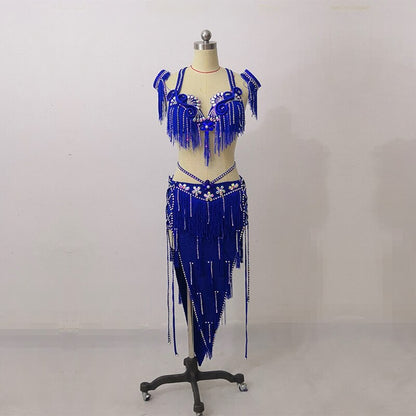 Customized Belly Dance Performance Costume Elegant Tassel Bra Diamond Skirt Set Women Oriental Indian Drum Dancing Stage Wear