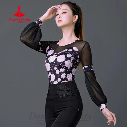 Latin Dancing Modern Dance Costume Women's Customized High Grade Printed Long Sleeved Top Tango Chacha Samba Training Clothes