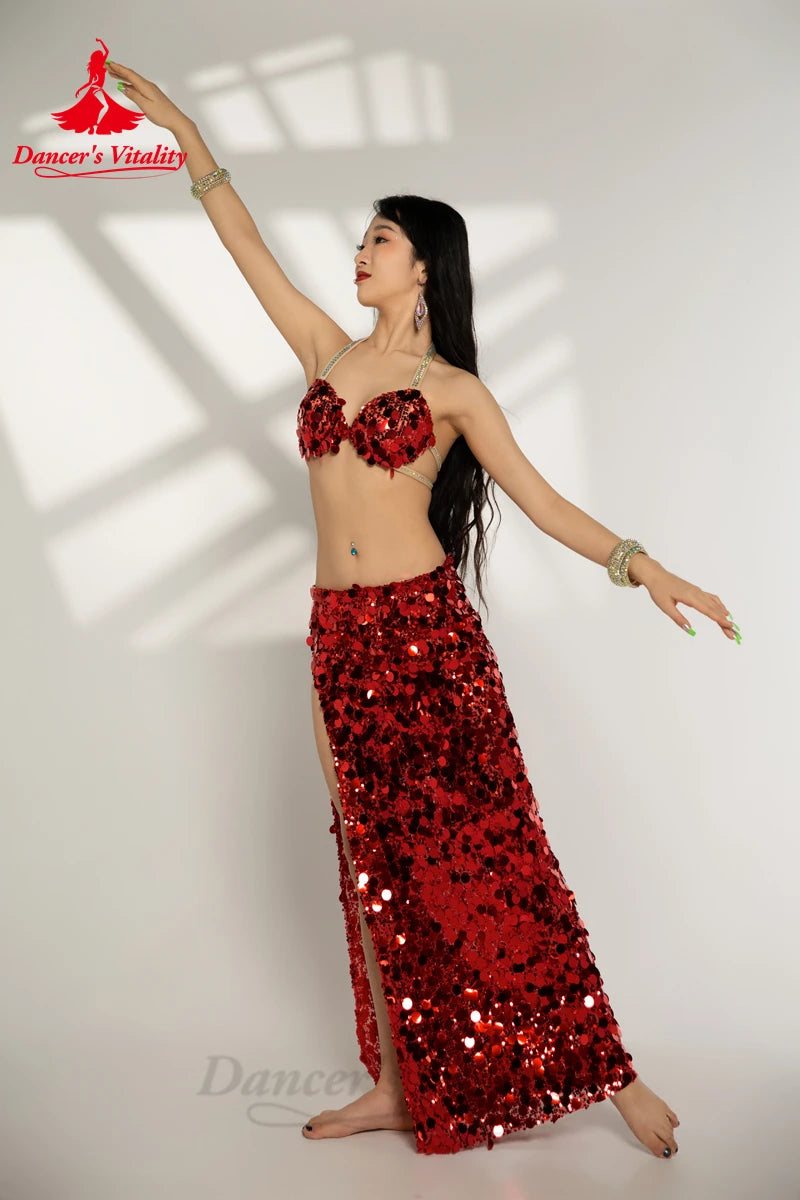 Belly Dance Costume Set for Women Big Sequins Bra+split Long Skirt 2pcs Girl's Oriental Belly Dancing Performance Costume Suit