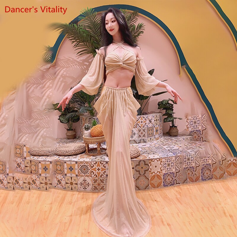 Belly Dance Practice Clothes Female Oriental Dance Top+sleeves+long Skirt 3pcs for Women Belly Dancing Outfit Bellydance Set