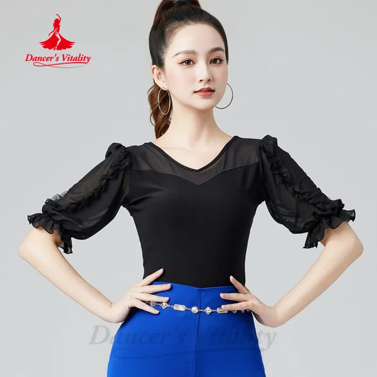 Modern Dance Practice Clothes Customized Comfortable and Breathable Half Sleeve Top Tango Chacha Samba Latin Dance Clothing