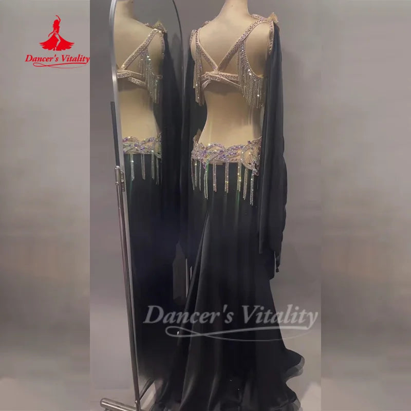 BellyDance Suit Customized Senior AB Stones Bra+Sleeve+Sexy Long Skirt Set Oriental Dance Competition Clothing Dance's Vitality