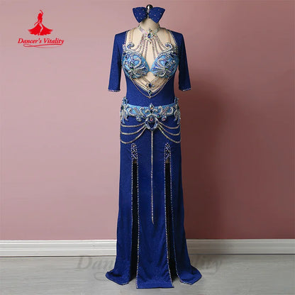 Belly Dance Performance Costumes Robe for Women Customized Spandex Robe+diamond Bra++headscarf+belt 4pcs Oriental Dancing Outfit