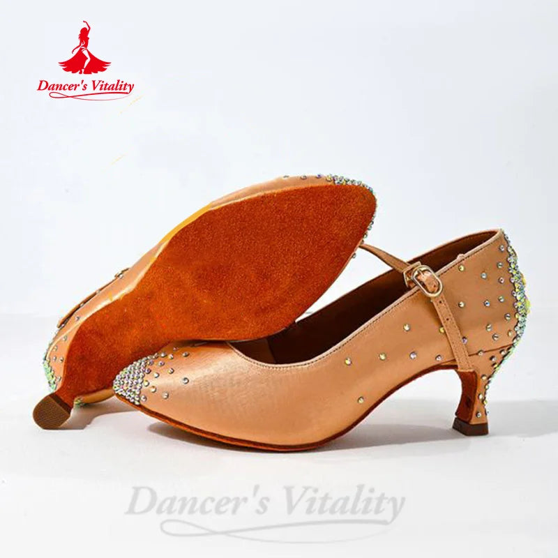 Latin Dance Competition Shoes for Women Senior AB Stones Waltz Social Dancing Shoes Girl's Moder Ballroom Performance Shoes