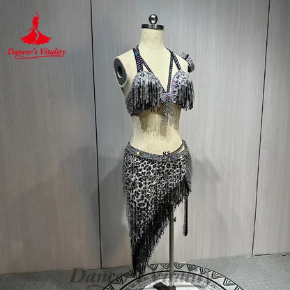 Belly Dance Costume Customized Rhinestone Tassels Bra+leopard Print Skirt 2ps Adult Children Oriental Dance Performance Costumes