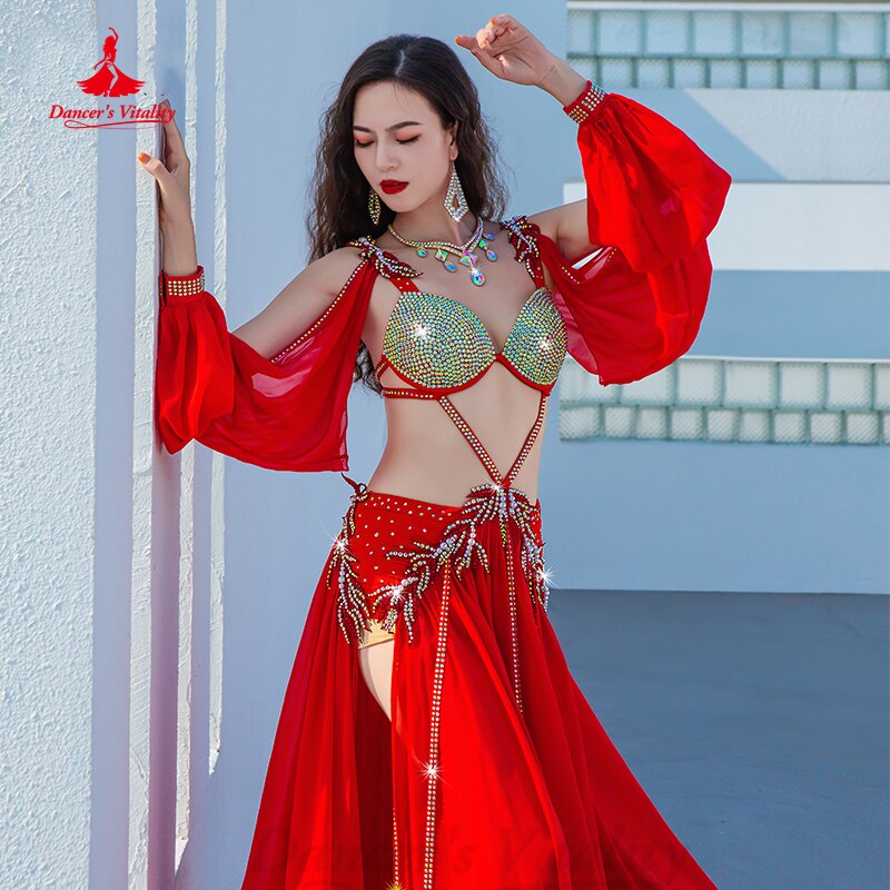 Belly Dance Performance Clothes Women Customsized AB Stones Bra+sleeves+chiffon Long Skirt Female Popsong Competiton Outfit