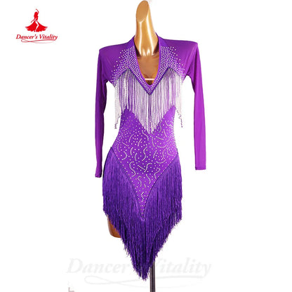 Latin Dance Costumes Customization Long Sleeved Rhinestone Tassel Dress Adult Children Tango Chacha Samba Competition Dresses