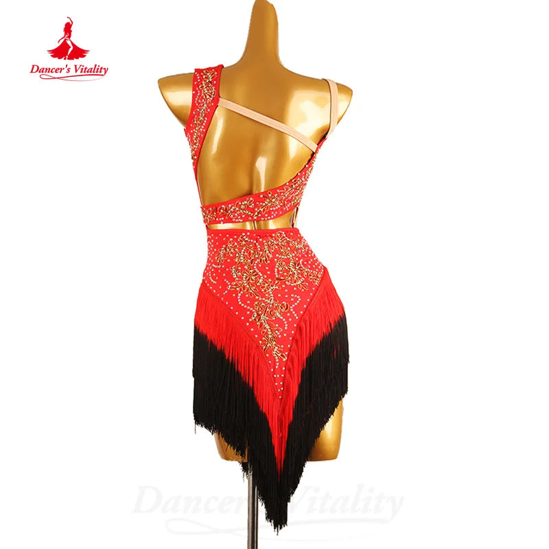 Latin Dance Competition Dress Customized Senior AB Stones Tassel Dress Women Tango Rumba Samba Professional Performance Costume