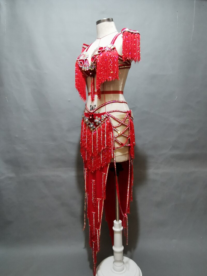 Belly Dance Competition Outfits Customized Bra Diamond Tassel Skirt Set Oriental Indian Drum Dancing Stage Performance Costume