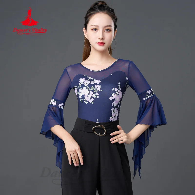 Latin Dance Practice Clothing Women's Customized High End Printed Flare Sleeve Top Chacha Rumba Samba Performance Costume