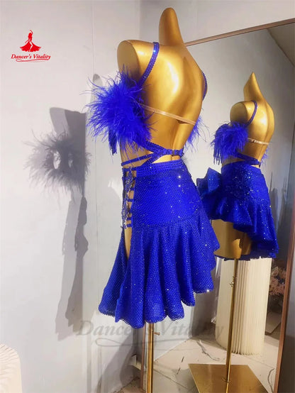 Latin Dress Senior AB Stones Mesh Rumba Chacha Tango Competiton Professional Costume Clothing Custom Adult Child Latin Dresses