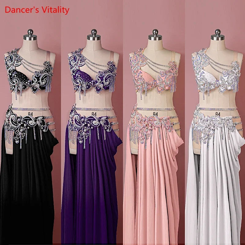 Belly Dance Competition Costume Set for Women Cusomzied  High Waist Chain Pleated Tassel Chiffon Dress Set Children Dance Outfit