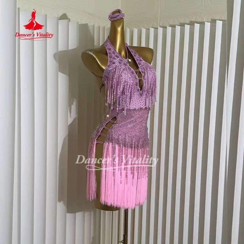 Latin Dance Sexy Backless Tassel Dress Customized Cha Cha Rumba Samba Performance Costume Competition Dresses Dancer's Vitality