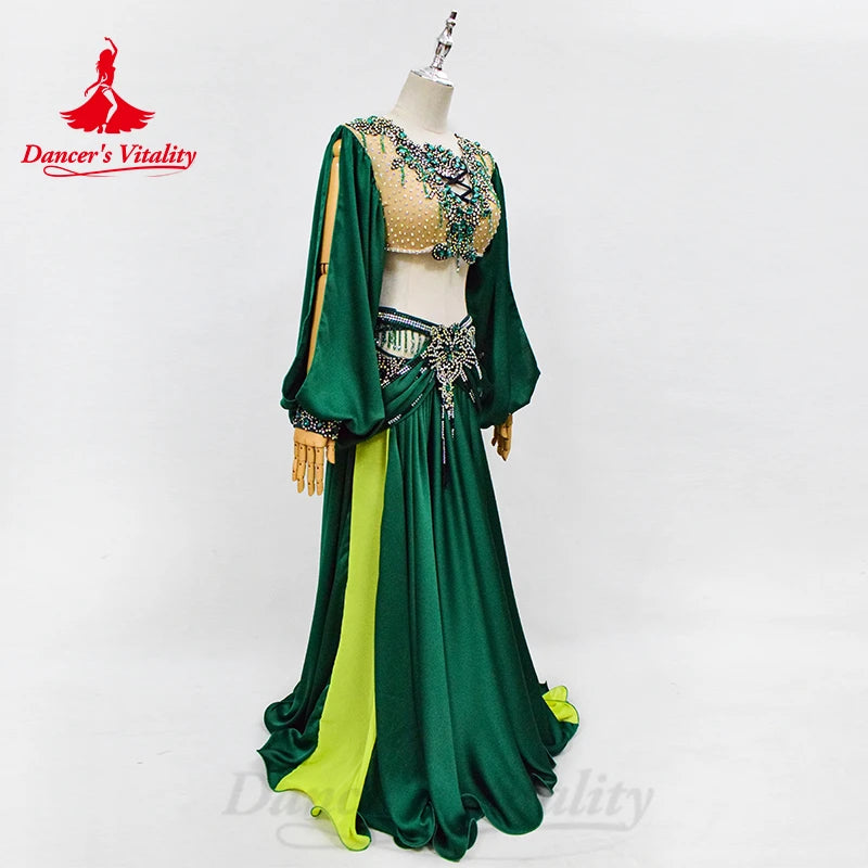 Belly Dance Performance Costumes for Women Customsie Long Sleeves Bra Top+satin Skirt 2pcs Adult Child Oriental Dancing Outfit