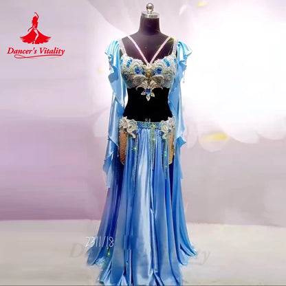 Belly Dance Perpormance Costume Suit for Women Senior AB Stones Bra+satin Split Long Skirt 2pcs Oriental Belly Dancing Outfit