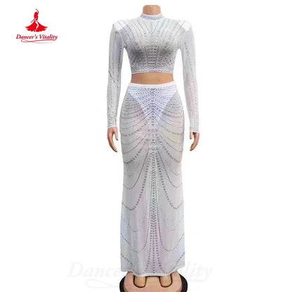 BellyDance Costume  Light Luxury Set Long Sleeved Top+Wrap Buttocks Long Skirt 2pcs Women's Oriental Dance Performance Costumes