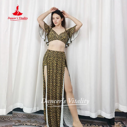 Belly Dance Practice Clothes Sexy Leopard Print V-neck Top+long Skirt 2pcs Adult Oriental Dance Clothing Dancer's Vitality