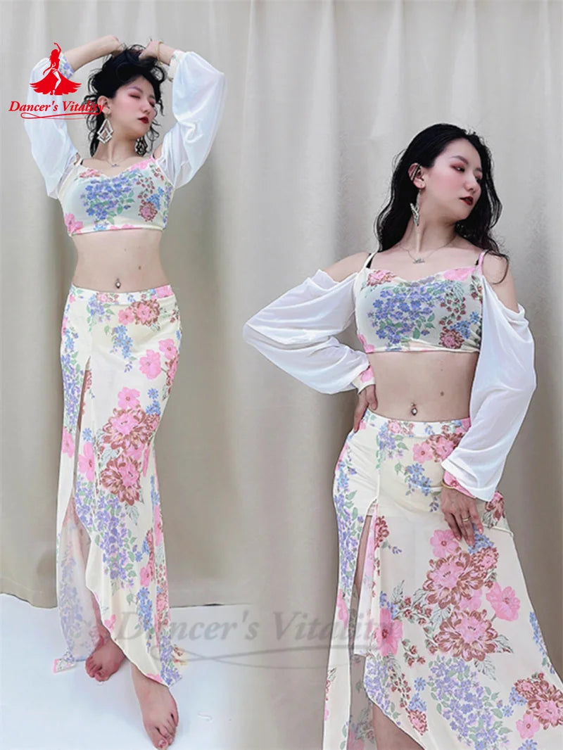 Belly Dance Practice Clothes for Women Chiffon Long Sleeves Top+printing Long Skirt 2pcs Adult Oriental Belly Dancing Outfit