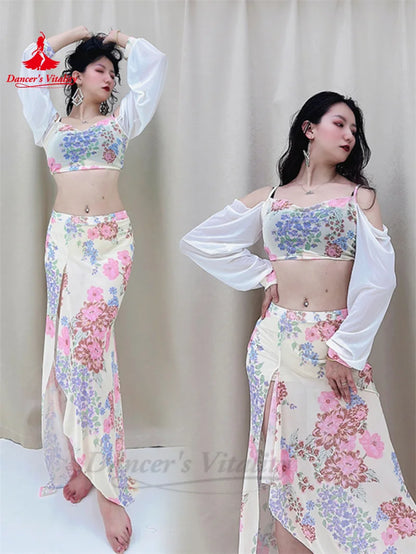 Belly Dance Practice Clothes for Women Chiffon Long Sleeves Top+printing Long Skirt 2pcs Adult Oriental Belly Dancing Outfit