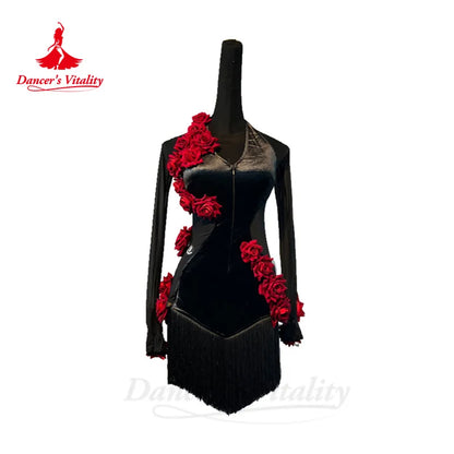 Latin Dance Professional Dress for Women Senior Velvet Long Sleeves Rumba Chacha Performance Costume Skirt Child Latin Dresses