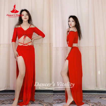 BellyDance Costume Set Sexy V-neck Top+Long Skirt 2pcs Adult Women Oriental Belly Dance Practice Clothes Dancer's Vitality