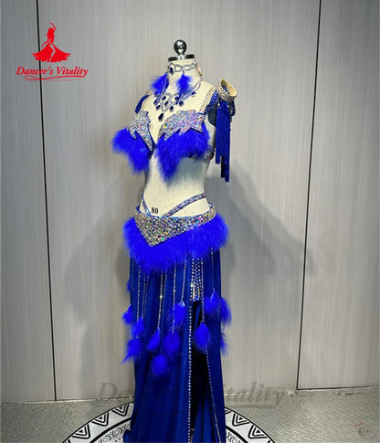 Bellydance Clothing Women's Customized Diamond Bra+feathers Tassels Skirt Set Oriental Dance Professional Performance Clothing