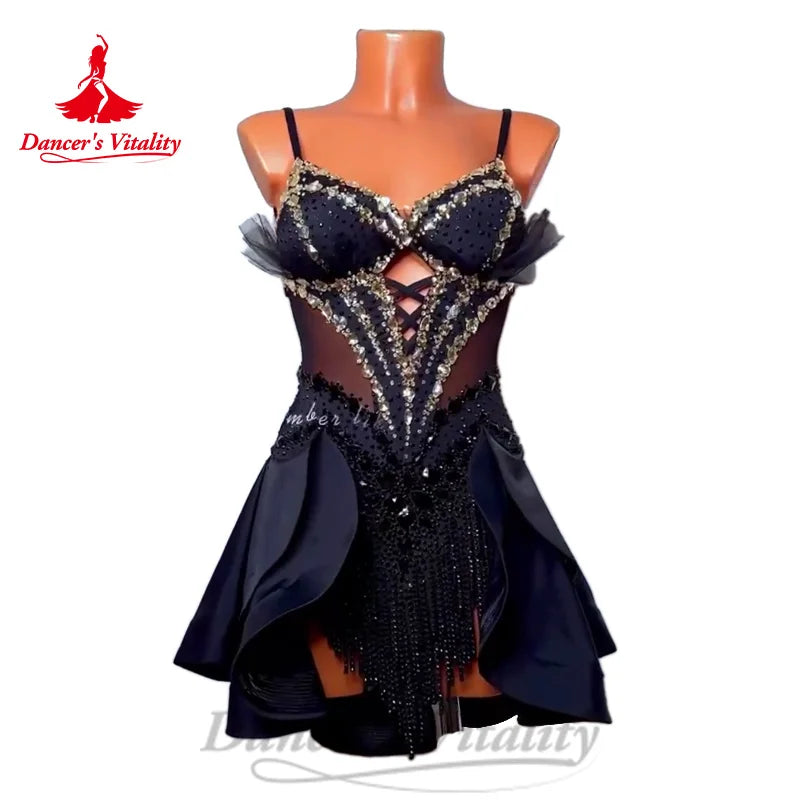 Latin Dance Tassel Dress Women's Customized Senior AB Stones Fishtail Skirt Chacha Samba Tango Professional Performance Costumes