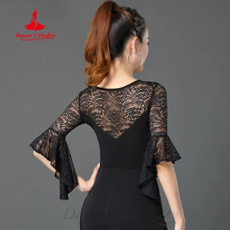 Latin Dance Clothing Women's Customized Black Sexy Lace Flare Sleeves Top Tango Rumba Chacha Professional Practice Clothing