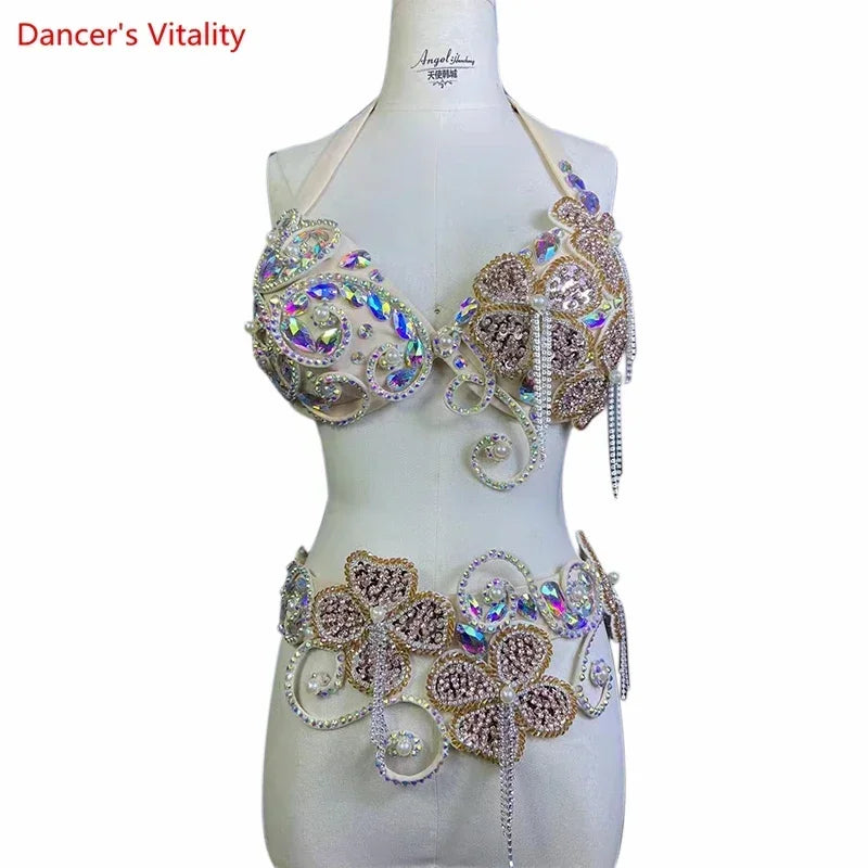 Belly Dance Costume Suit Women Customsized Hand Made Bra+belt 2pcs Girl's Oriental Belly Dancing Belt Competitoin Suit