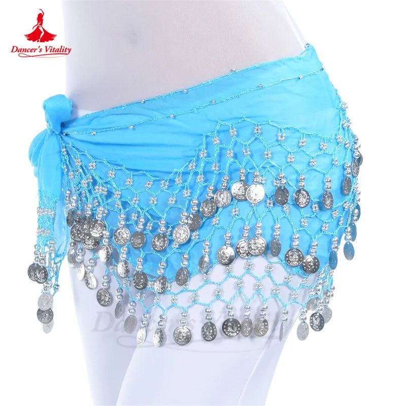 Belly Dance Belt for Women Chiffon Gold Coines Oriental Dancing Wear Accessies Girl's Chiffon Silver Coines Bellydance Hip Scarf