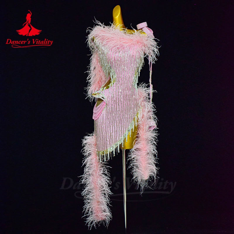 Latin Dance Performance Dresses for Women Customsized Rumba Chacha Tango Feather Competiton Clothing Children Latin Dresses