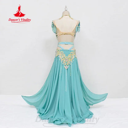 Belly Dancing Outfit Women Customized Pearl Tassel Bra+Luxury Diamond Split Long Skirt 2pcs Oriental Dance Performance Costumes