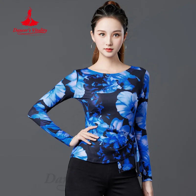 Latin Dance Modern Dancing Practice Clothes Women's Customized High Grade Printed Long Sleeved Top Tango Samba Training Clothing