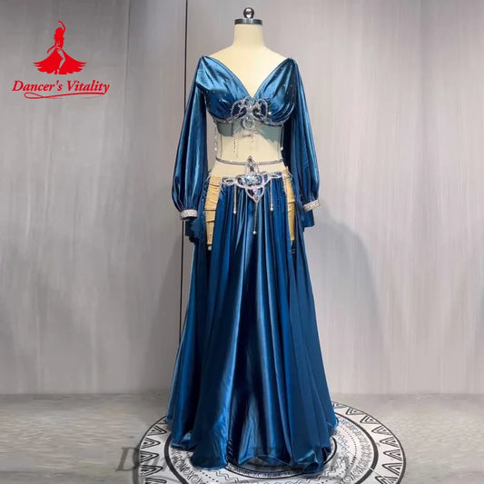 Belly Dance Costume Suit Women's Customized Diamond Long Sleeved Tops+Satin Split Long Skirt Oriental Dance Performance Costumes