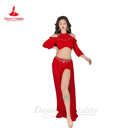 Belly Dance Costume Set for Women Gauze Half Sleeves Top+senior AB Stones Split Skirt 2pcs Adult Oriental Bellydance Outfit