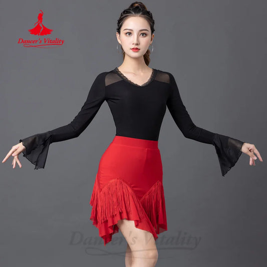 Latin Dance Practice Clothes Women's Customized Black Slimming Flare Sleeve Top Tango Chacha Professional Performance Clothing