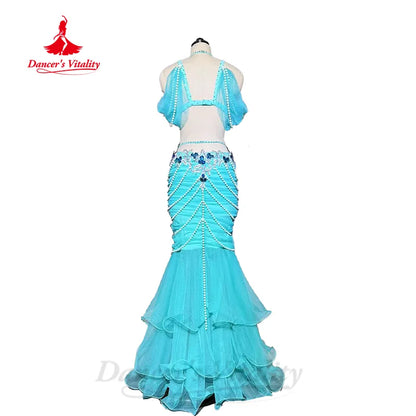 BellyDance Set Women's Customized Luxury Rhinestone Bra+Exquisite Pearl Fishtail Skirt 2pcs Oriental Dance Performance Clothing