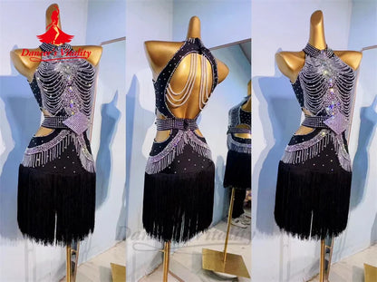 Latin Dance Performance Fringe Dress for Women AB Stones Rumba Chacha Tango Competiton Costume Custom Adult Child Latin Skirt