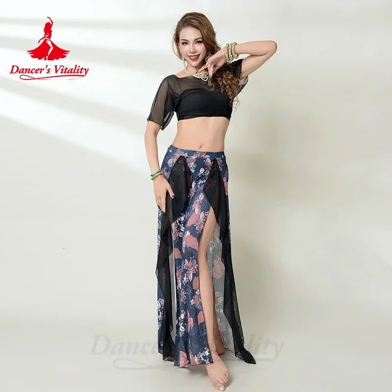 Belly Dance Costume Set for Women Gauze Short Sleeves Top+printing Long Skirt 2pcs Adult Belly Dancing Outfit