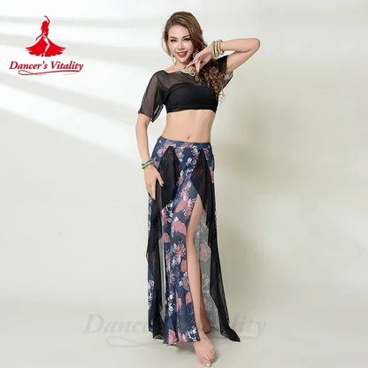 Belly Dance Costume Set for Women Gauze Short Sleeves Top+printing Long Skirt 2pcs Adult Belly Dancing Outfit