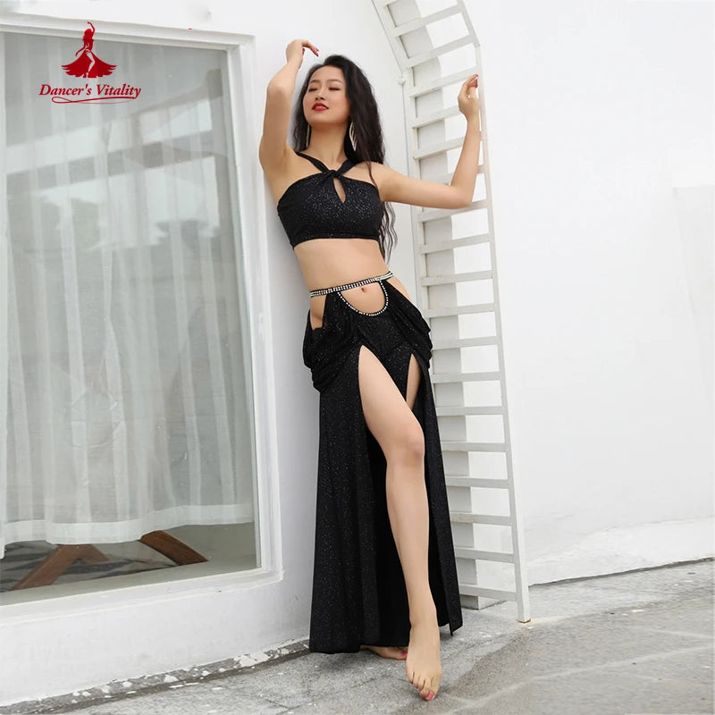 Women's Belly Dance Dance Suit Practice Clothes New Sexy Hollow Split Long Skirt+Top Bellydance  Set Suit