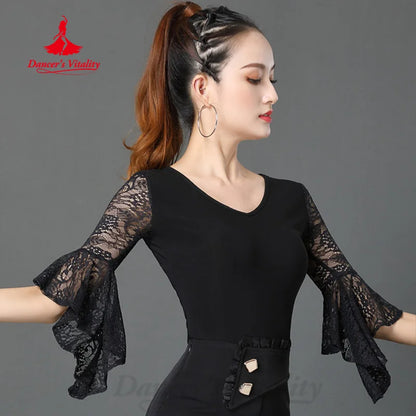 Latin Dance Clothing Women's Customized Black Sexy Lace Flare Sleeves Top Tango Rumba Chacha Professional Practice Clothing