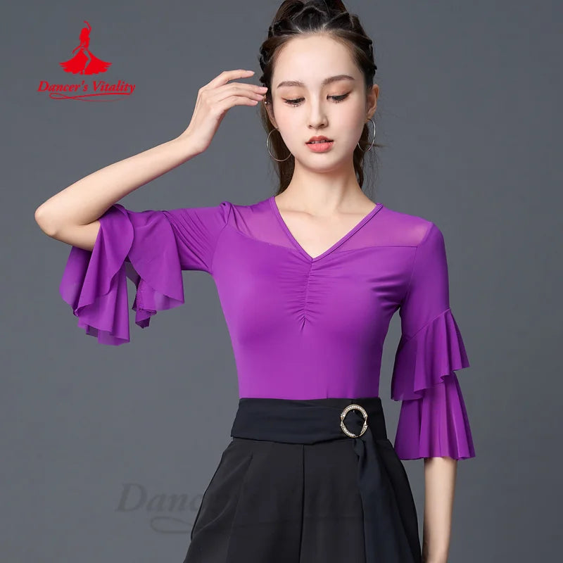 Latin Dance Tops Women's Customized Summer Comfortable and Breathable Horn Sleeves Top Tango Chacha Rumba Practice Clothes