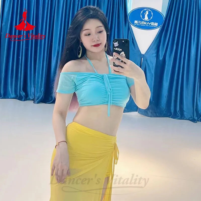 BellyDance Costumes Women's Customized Drawstring Short Sleeved Top+Chiffon Split Skirt 2pcs Oriental Dance Performance Costumes