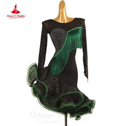 Latin Dance Clothing Customized Long Sleeved AB Stones Sexy Hip Wrap Skirt Adult and Children's Tango Rumba Performance Costumes